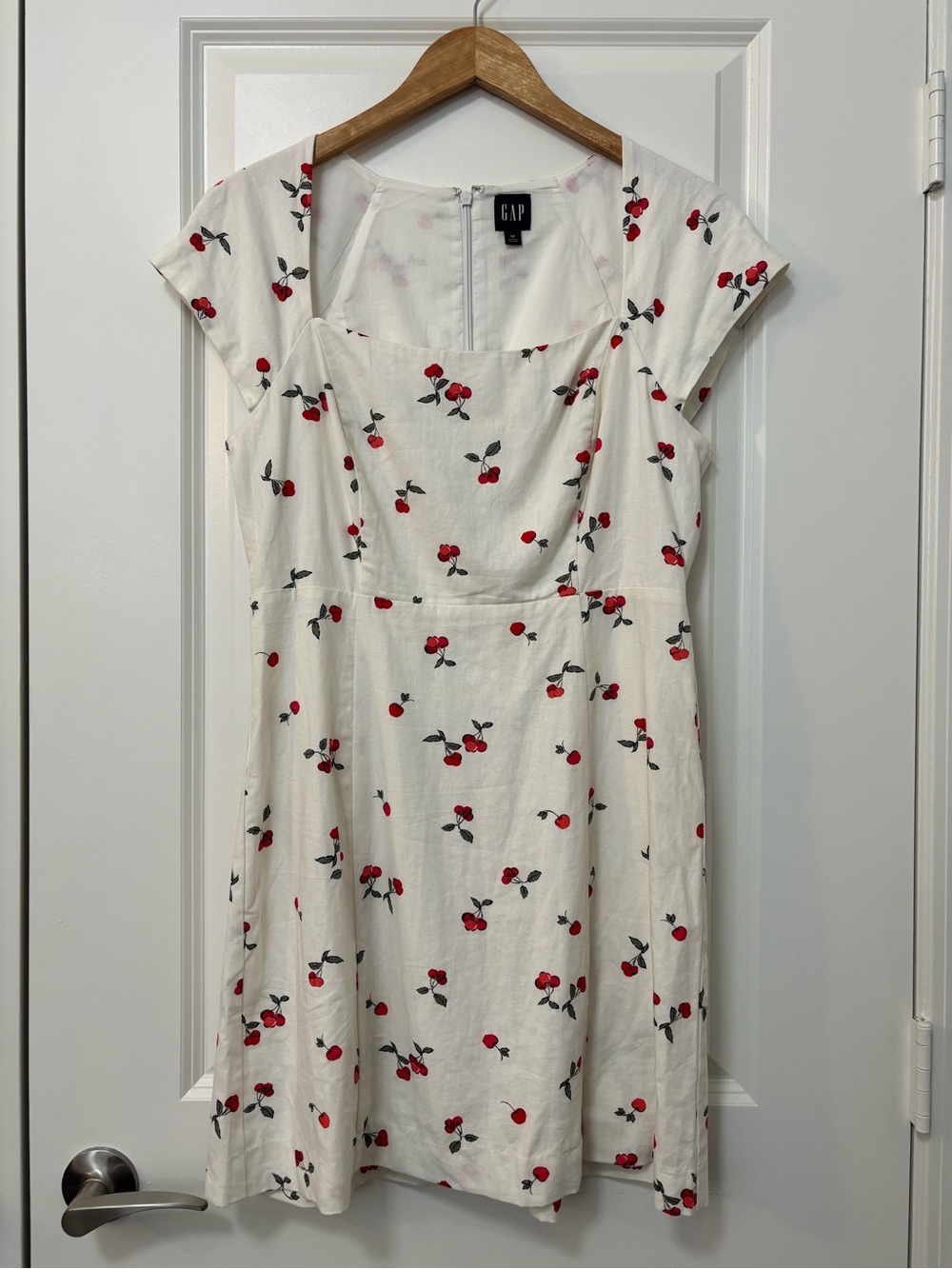 Gap Cream Cherry Print Linen and Cotton Blend Cap Sleeve Dress, Size M
